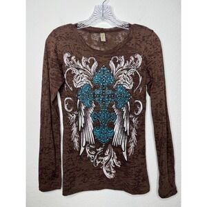 Ritual Womens Brown Burnout Long Sleeve Graphic Cross Wing Rhinestone Top Large